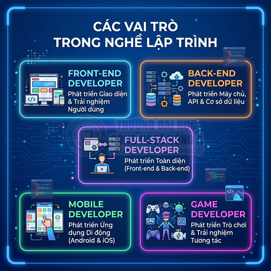 Các vai trò trong nghề lập trình gồm front end, back end, full stack, mobile và game developer