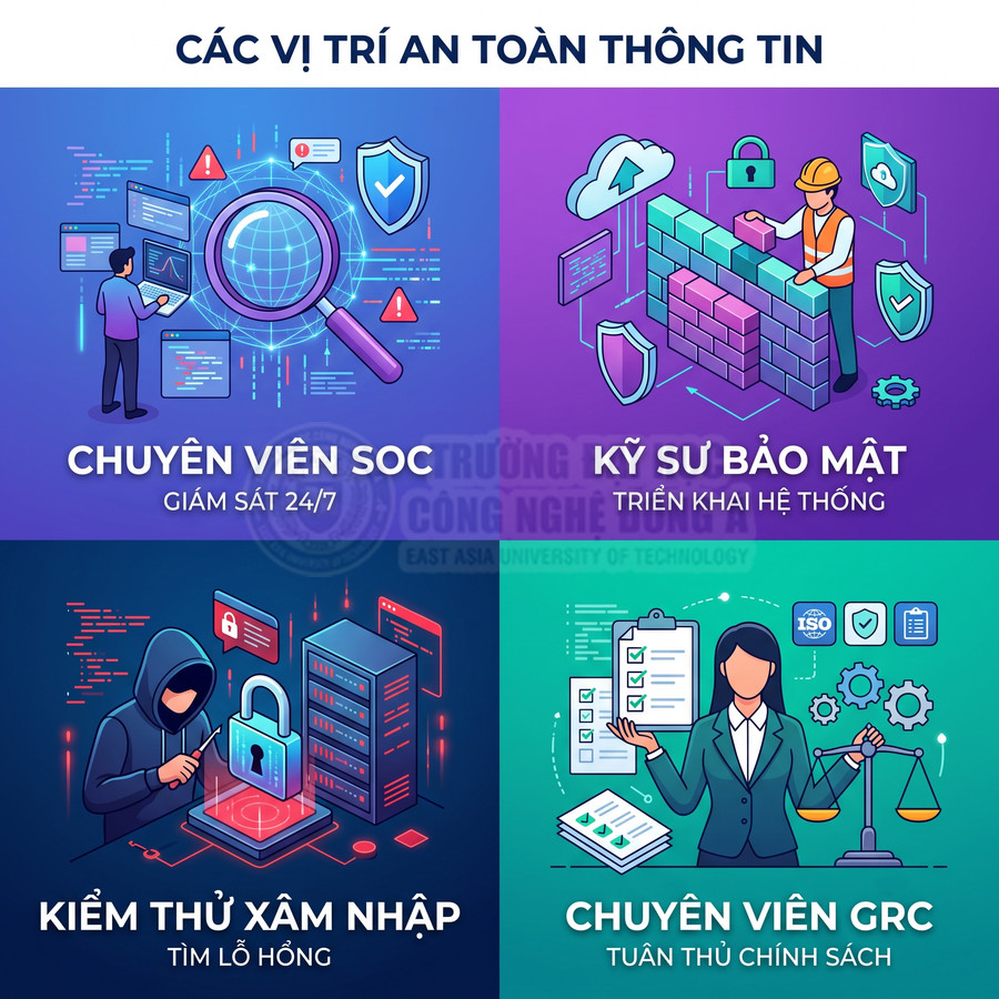 Các vị trí nghề nghiệp an toàn thông tin gồm chuyên viên SOC, kỹ sư bảo mật, kiểm thử xâm nhập và chuyên viên GRC