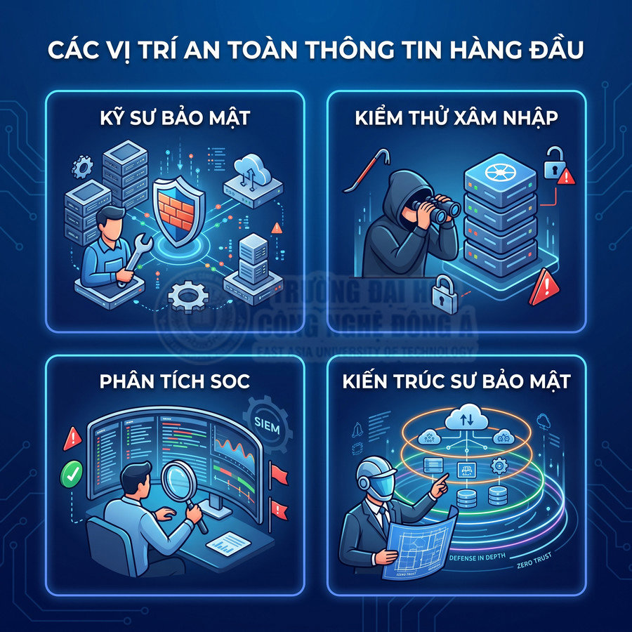 Các vị trí nghề nghiệp an toàn thông tin: kỹ sư bảo mật, kiểm thử xâm nhập, phân tích SOC, kiến trúc sư bảo mật