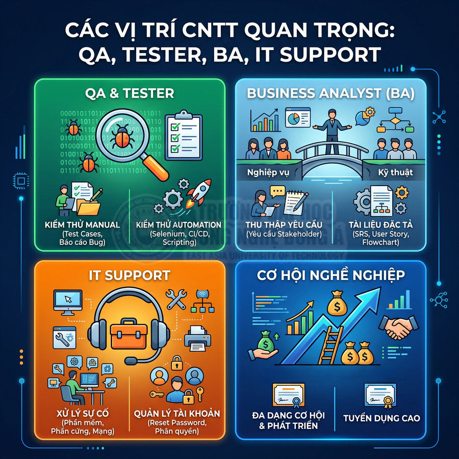 Infographic giới thiệu các vị trí CNTT quan trọng QA Tester Business Analyst IT Support và cơ hội nghề nghiệp