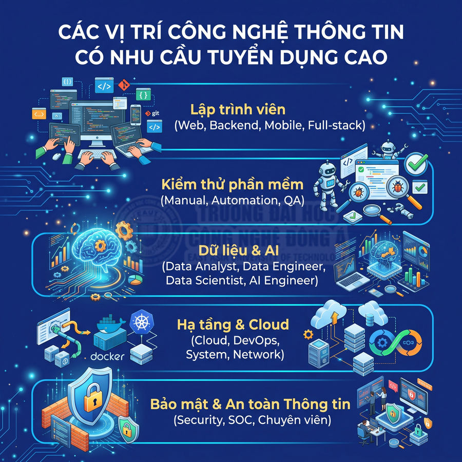 Các vị trí việc làm công nghệ thông tin tuyển dụng cao như lập trình viên, kiểm thử, dữ liệu AI, hạ tầng cloud, bảo mật