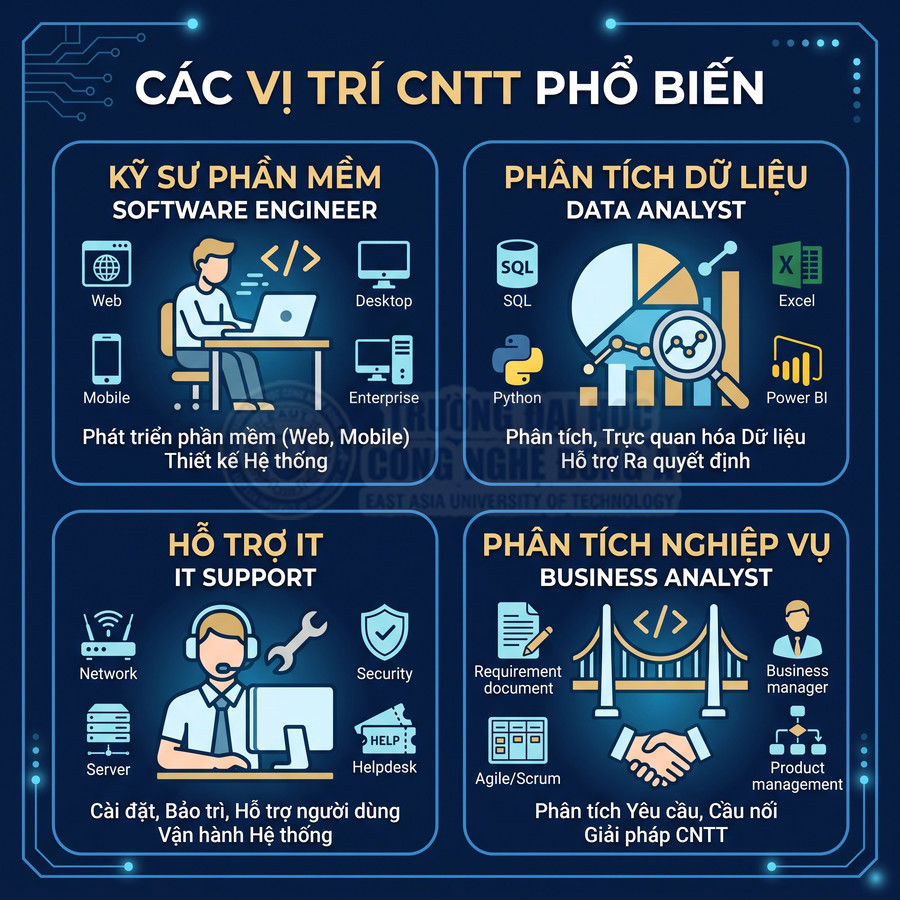 Infographic giới thiệu các vị trí ngành CNTT phổ biến như kỹ sư phần mềm, data analyst, IT support, business analyst