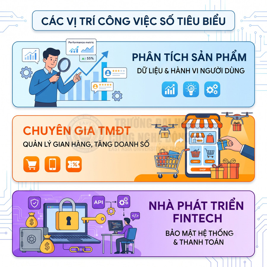 Các vị trí công việc số gồm phân tích sản phẩm, chuyên gia thương mại điện tử và nhà phát triển fintech