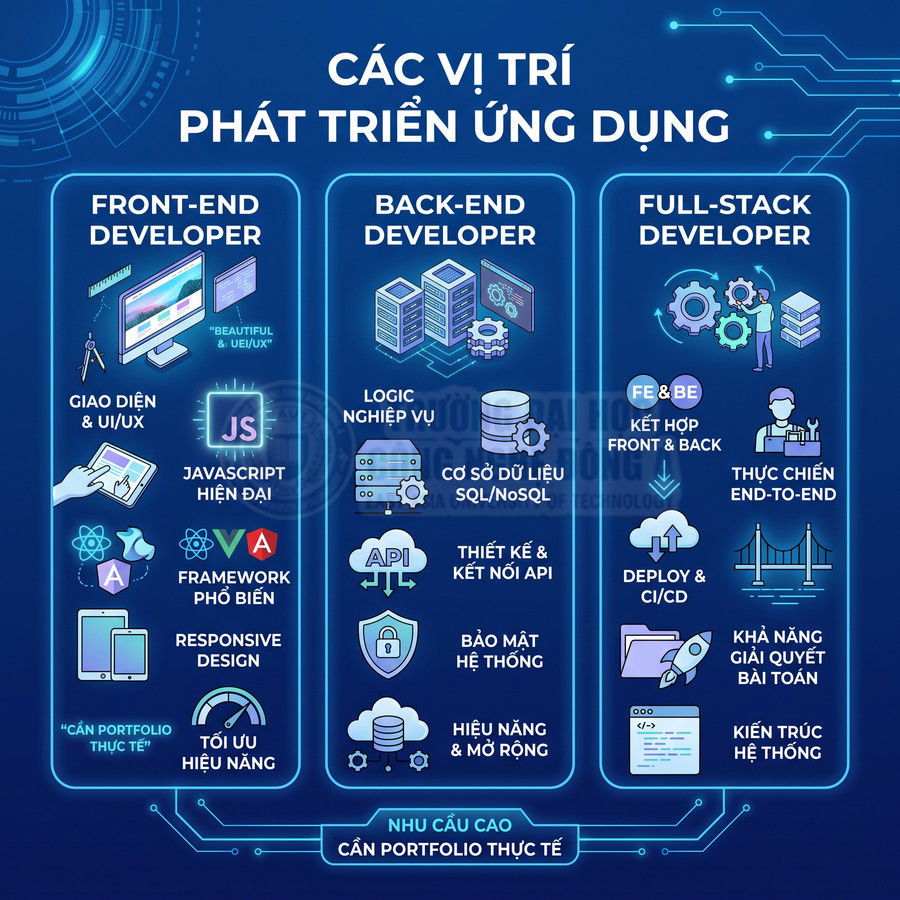 Infographic so sánh kỹ năng và nhiệm vụ của front end, back end và full stack developer trong phát triển ứng dụng
