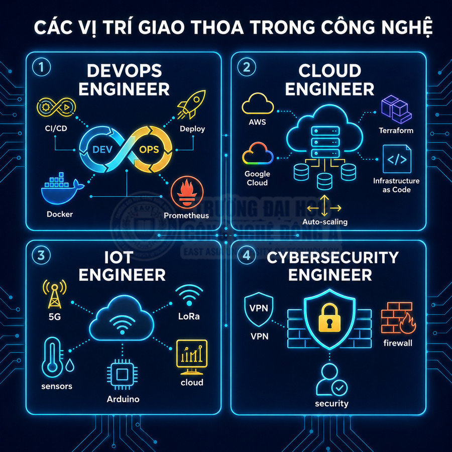 Các vị trí DevOps, Cloud, IoT, Cybersecurity Engineer với kỹ năng CI/CD, AWS, Google Cloud, 5G, VPN, firewall