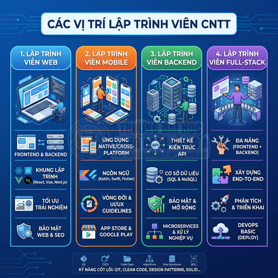 Các vị trí lập trình viên CNTT gồm web, mobile, backend, full stack và kỹ năng cần thiết