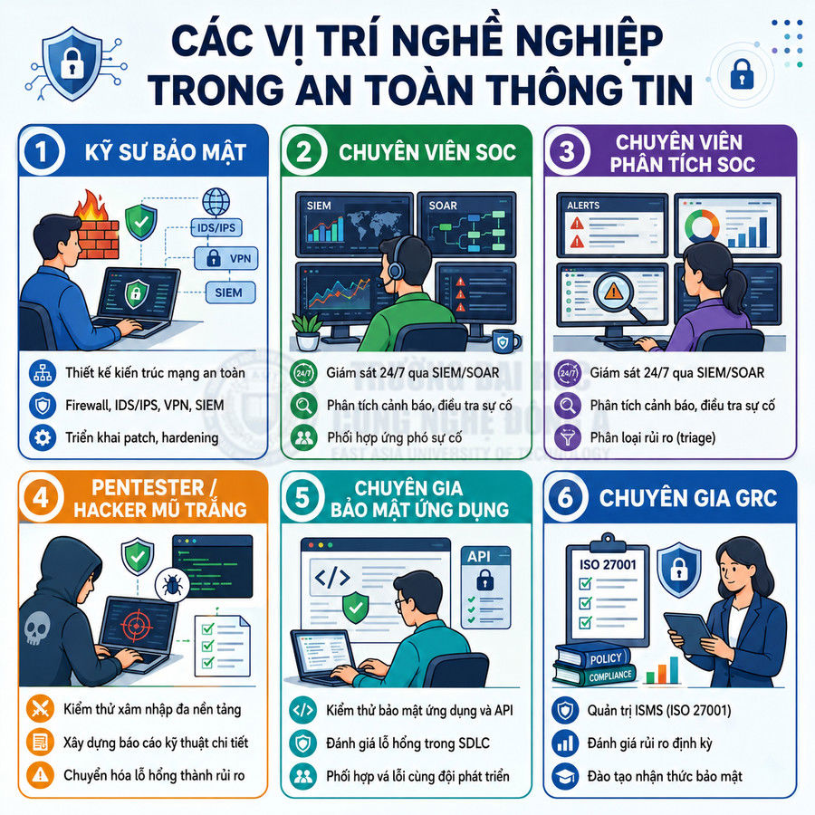 Infographic các vị trí nghề nghiệp trong lĩnh vực an toàn thông tin và mô tả nhiệm vụ từng vai trò