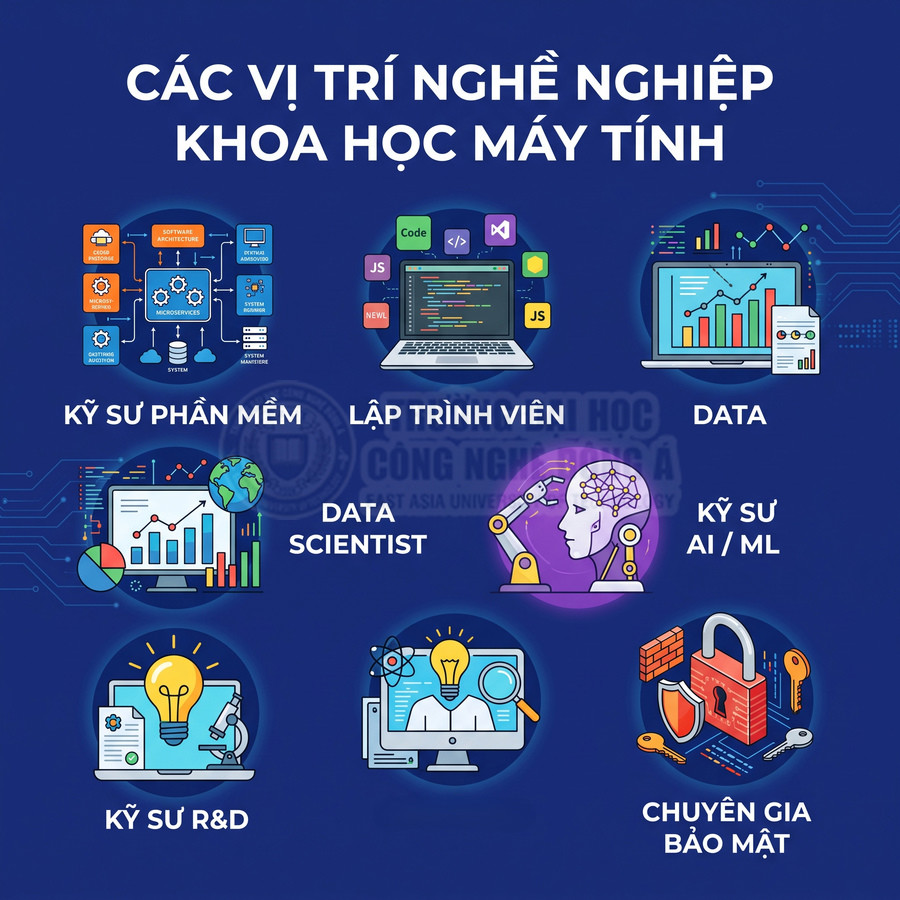 Các vị trí nghề nghiệp khoa học máy tính như lập trình viên, kỹ sư phần mềm, data scientist, kỹ sư AI ML, chuyên gia bảo mật