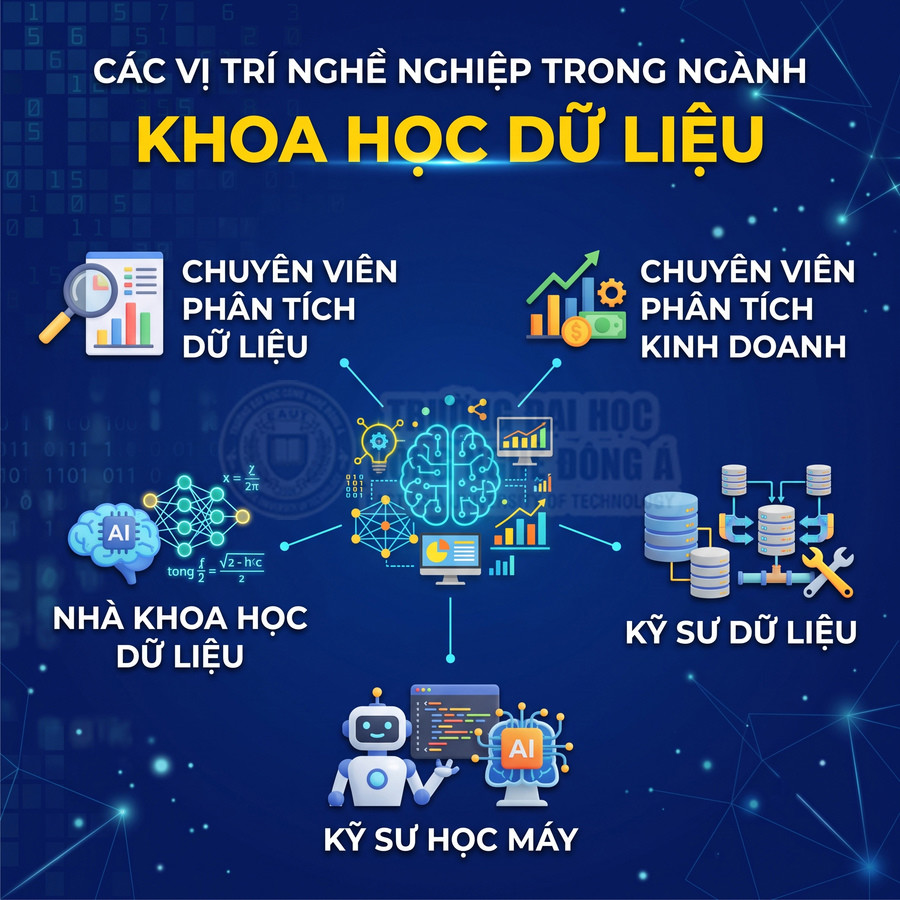 Các vị trí nghề nghiệp trong ngành khoa học dữ liệu gồm chuyên viên phân tích dữ liệu, phân tích kinh doanh, nhà khoa học dữ liệu, kỹ sư dữ liệu và kỹ sư học máy