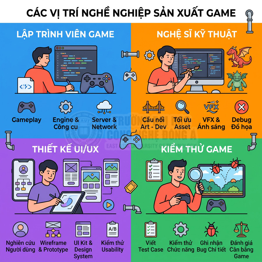 Các vị trí nghề nghiệp sản xuất game gồm lập trình viên, nghệ sĩ kỹ thuật, thiết kế UI UX và kiểm thử game