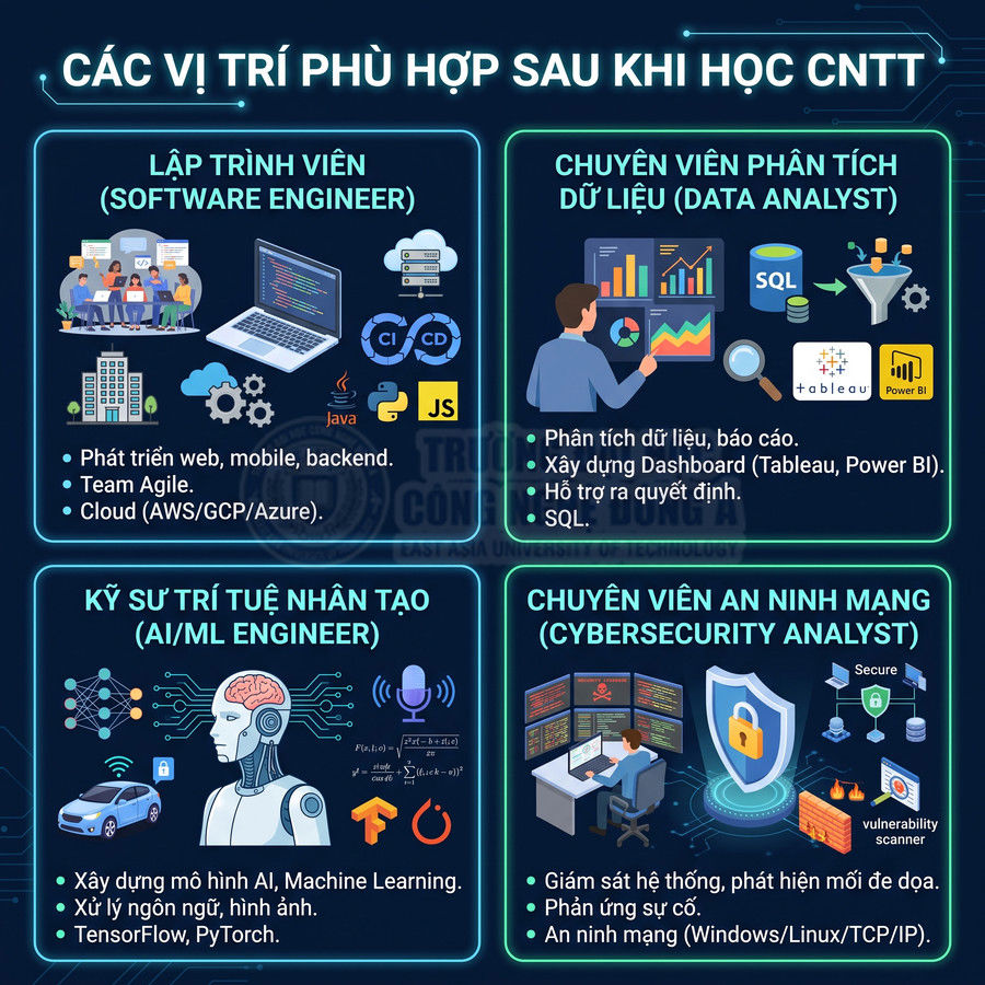 Các vị trí nghề nghiệp sau khi học CNTT như lập trình viên, data analyst, AI engineer, chuyên viên an ninh mạng