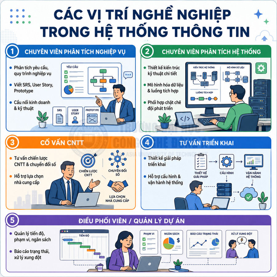Các vị trí nghề nghiệp trong hệ thống thông tin với minh họa chuyên viên phân tích, tư vấn, điều phối viên dự án