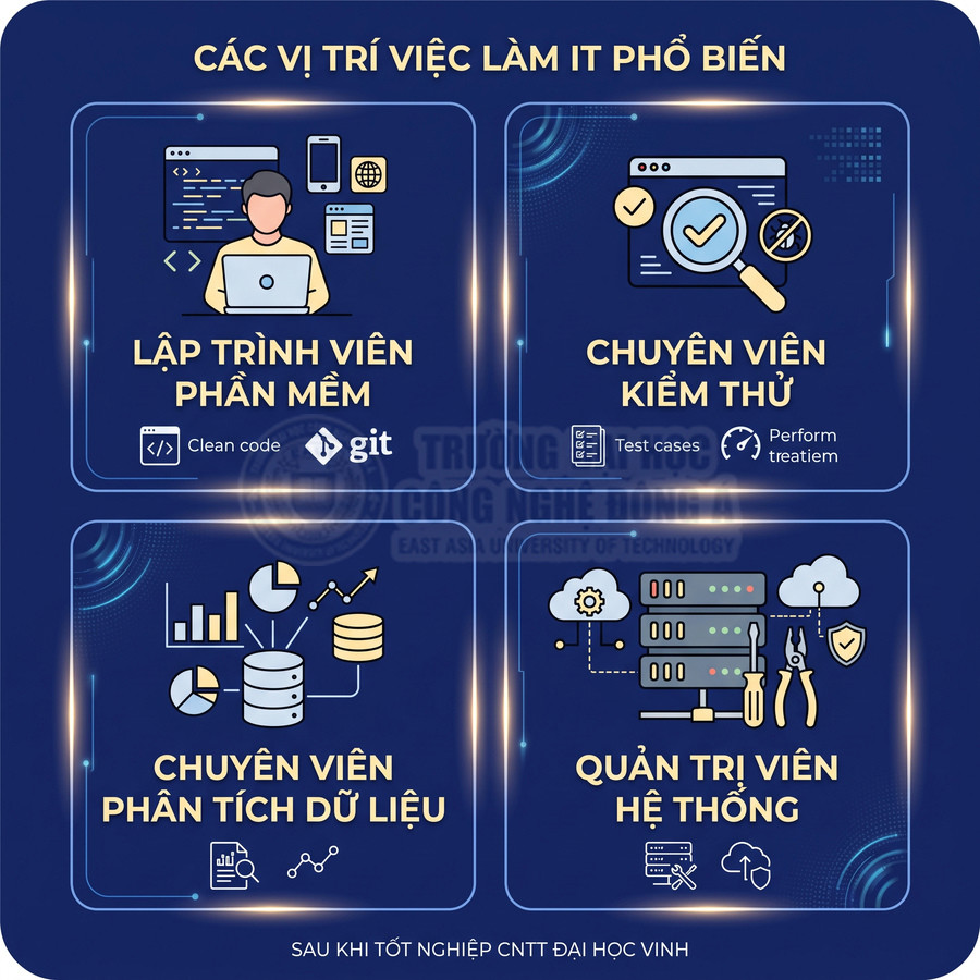 Các vị trí việc làm IT phổ biến sau khi tốt nghiệp CNTT Đại học Vinh gồm lập trình viên, kiểm thử, phân tích dữ liệu, quản trị hệ thống