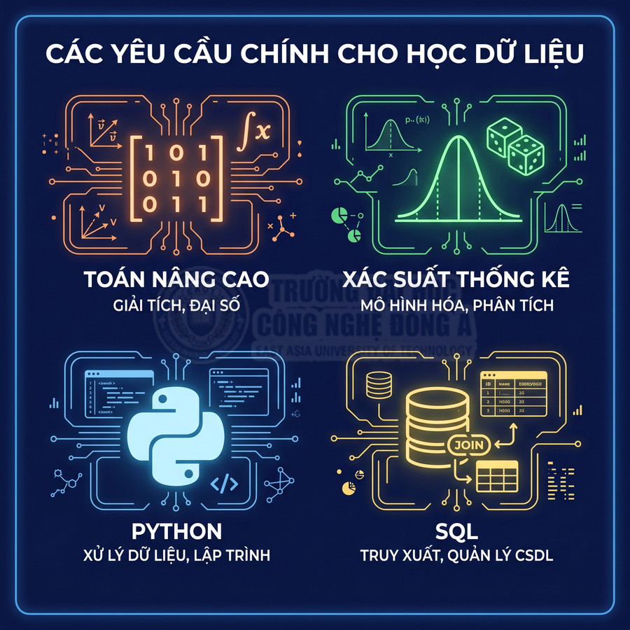 Các yêu cầu chính cho học dữ liệu gồm toán nâng cao, xác suất thống kê, Python và SQL