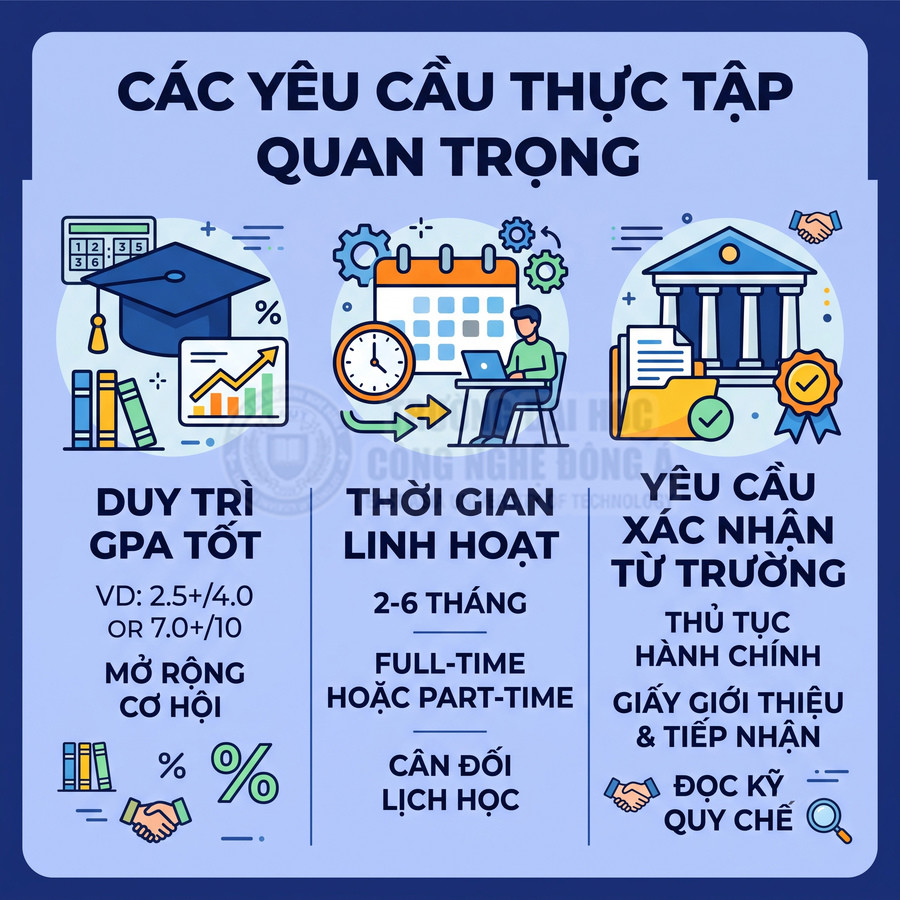 Các yêu cầu thực tập quan trọng gồm GPA tốt, thời gian linh hoạt và giấy xác nhận từ trường