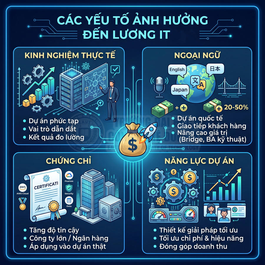 Các yếu tố ảnh hưởng đến lương IT gồm kinh nghiệm thực tế, ngoại ngữ, chứng chỉ và năng lực dự án