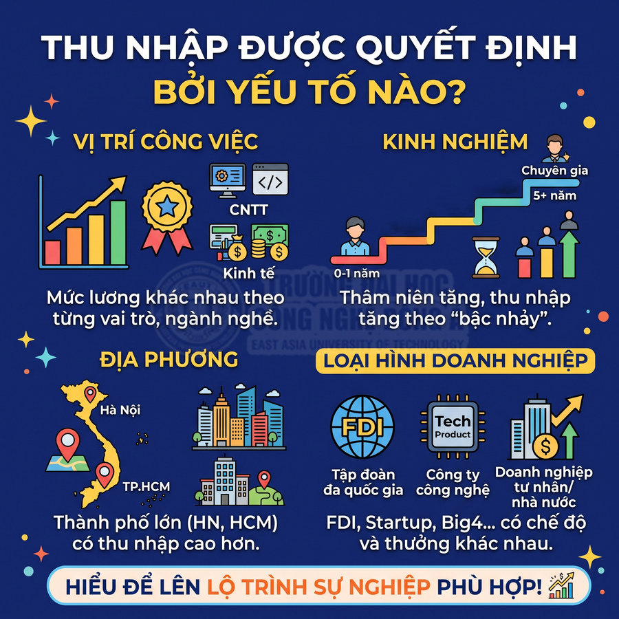 Các yếu tố quyết định thu nhập gồm vị trí công việc, kinh nghiệm, địa phương và loại hình doanh nghiệp