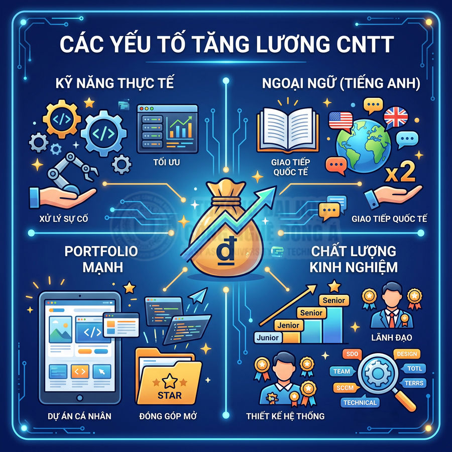Các yếu tố giúp tăng lương ngành CNTT như kỹ năng thực tế, ngoại ngữ, portfolio mạnh và chất lượng kinh nghiệm