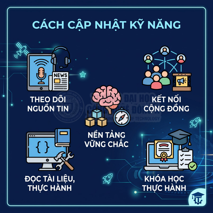 Infographic cách cập nhật kỹ năng với các bước theo dõi nguồn tin, đọc tài liệu, kết nối cộng đồng, khóa học thực hành