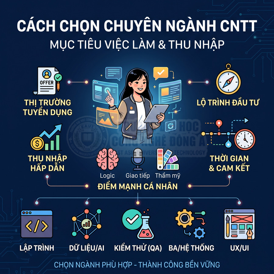 Hướng dẫn chọn chuyên ngành CNTT theo mục tiêu việc làm, thu nhập và điểm mạnh cá nhân, minh họa các mảng lập trình, dữ liệu, QA, UX/UI