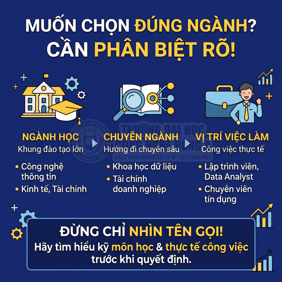 Hình hướng dẫn chọn ngành học bằng cách phân biệt ngành học, chuyên ngành và vị trí việc làm thực tế