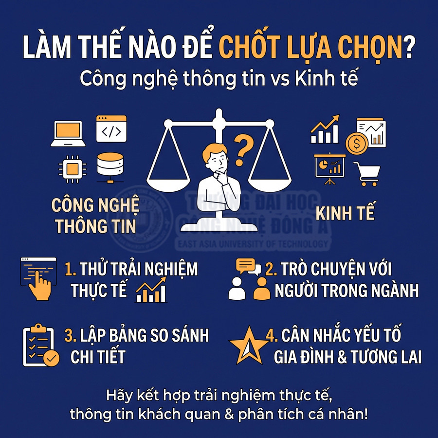 Infographic hướng dẫn chọn ngành Công nghệ thông tin hoặc Kinh tế, cân nhắc trải nghiệm, tư vấn, so sánh và tương lai.