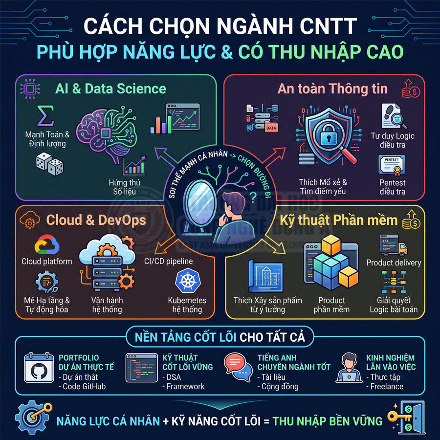 Infographic hướng dẫn chọn ngành CNTT phù hợp năng lực như AI, An toàn thông tin, Cloud DevOps, Kỹ thuật phần mềm