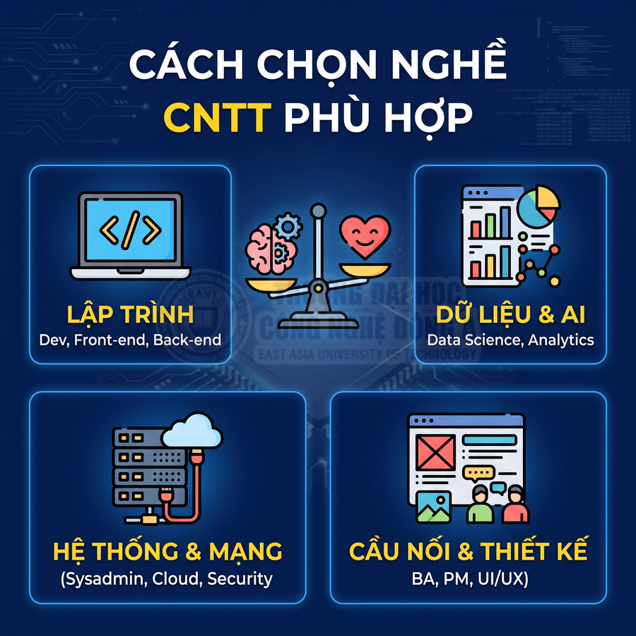 Hướng dẫn chọn nghề công nghệ thông tin với các mảng lập trình, dữ liệu AI, hệ thống mạng, cầu nối và thiết kế UI UX