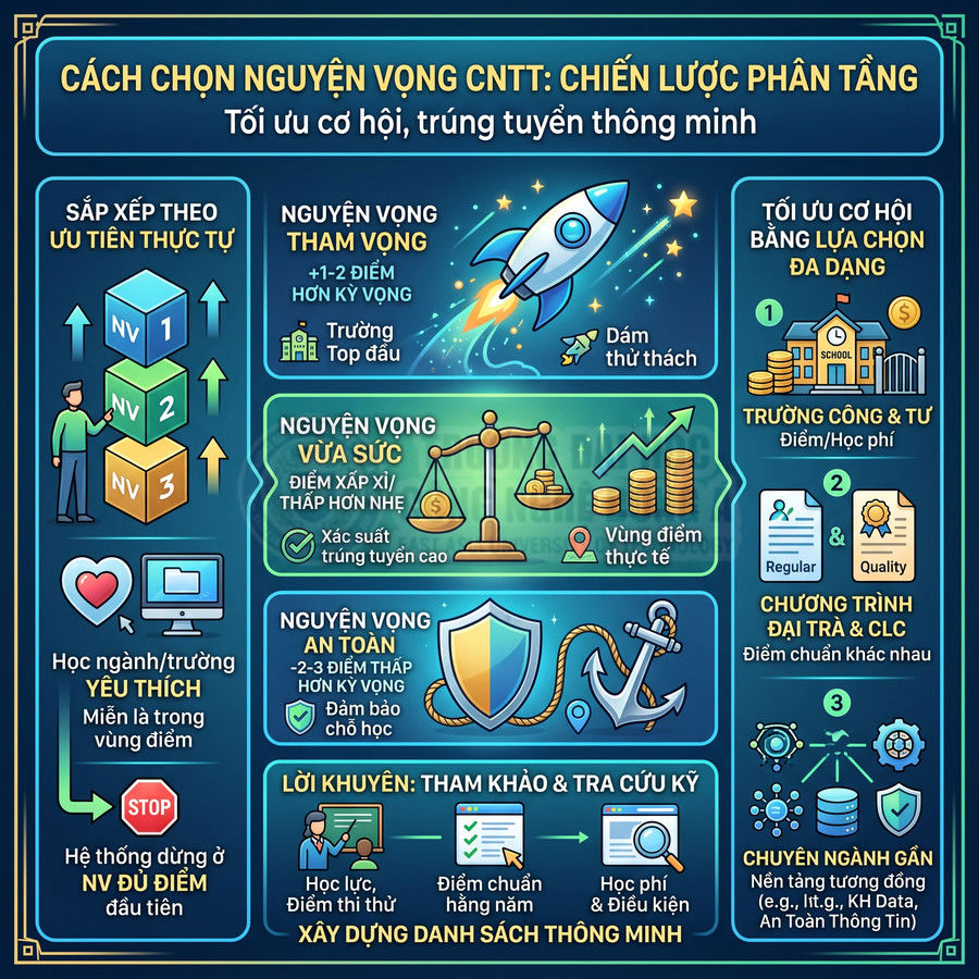 Infographic chiến lược chọn nguyện vọng ngành công nghệ thông tin với các mức tham vọng, vừa sức và an toàn