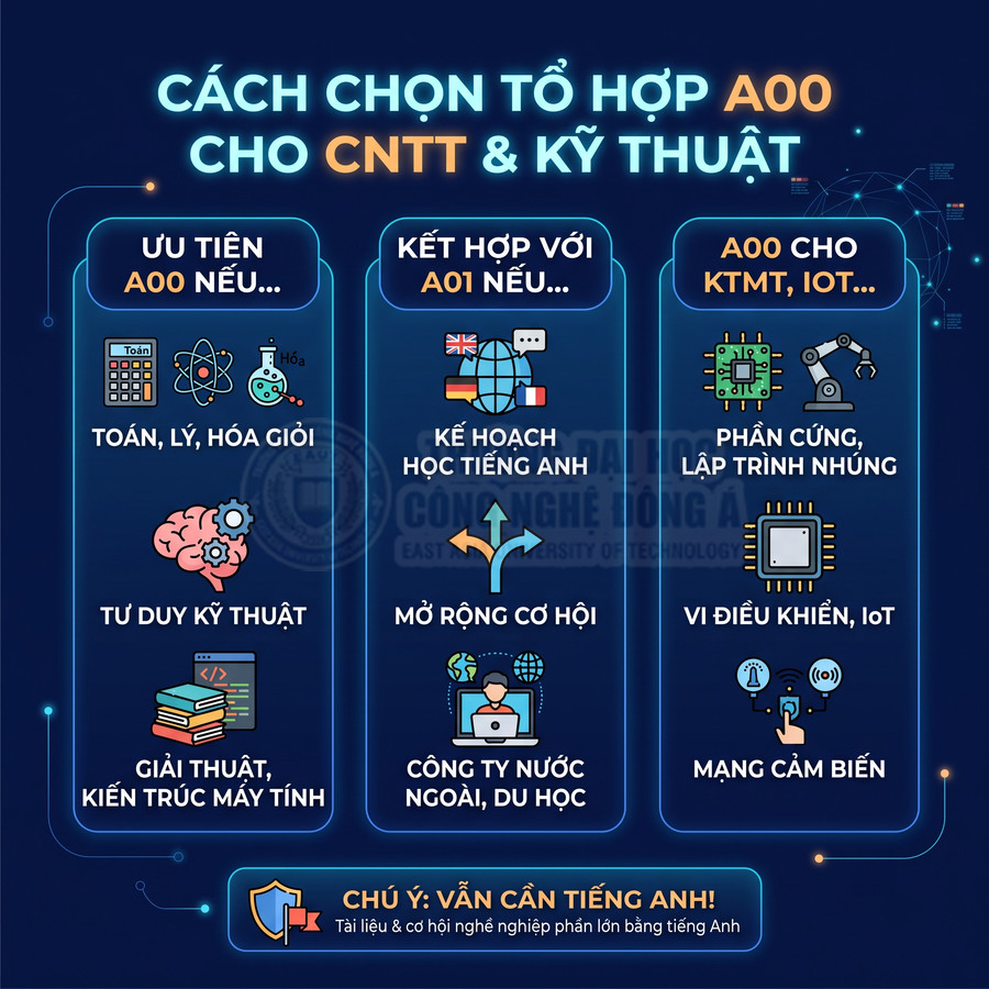 Hướng dẫn chọn tổ hợp A00, A01 cho ngành CNTT và kỹ thuật, nêu ưu điểm, cơ hội học tiếng Anh và định hướng IoT