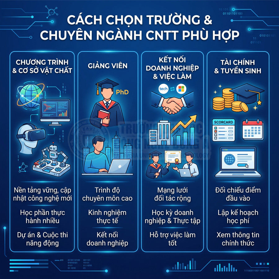 Cách chọn trường và ngành CNTT phù hợp với tiêu chí chương trình học, giảng viên, kết nối doanh nghiệp, tài chính tuyển sinh