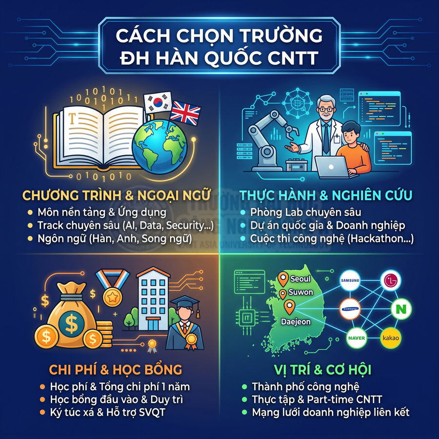 Infographic hướng dẫn cách chọn trường đại học Hàn Quốc ngành CNTT với tiêu chí chương trình, học bổng và cơ hội việc làm