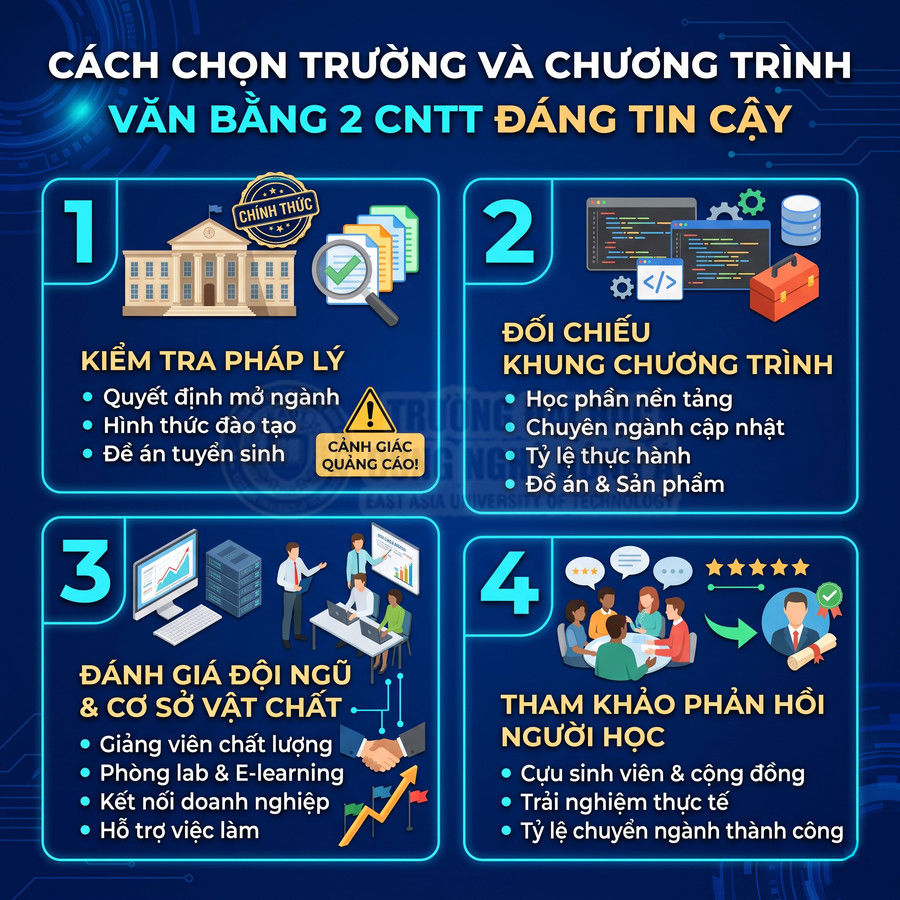 Hướng dẫn chọn trường và chương trình văn bằng 2 CNTT uy tín với 4 bước kiểm tra và đánh giá chi tiết