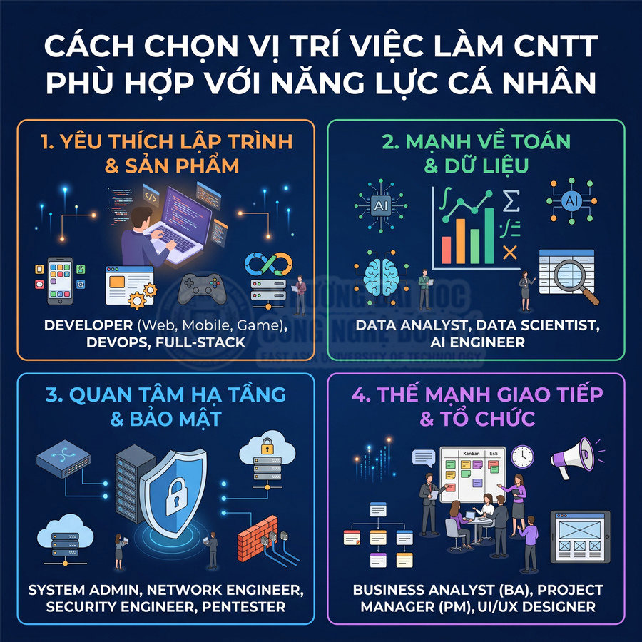 Infographic hướng dẫn chọn vị trí việc làm CNTT theo thế mạnh lập trình, dữ liệu, hạ tầng bảo mật, giao tiếp tổ chức