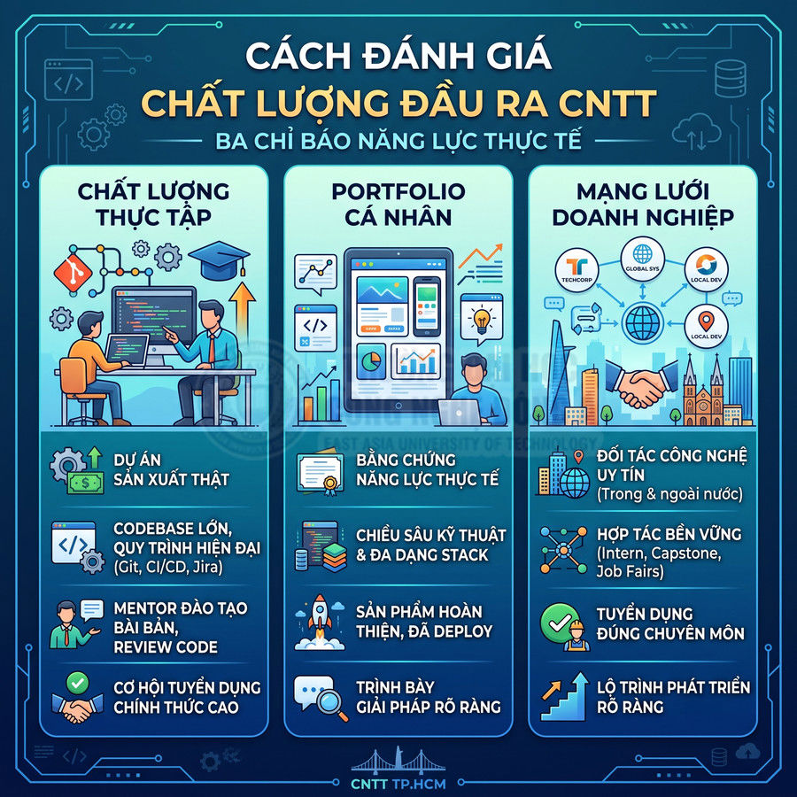 Infographic đánh giá chất lượng đầu ra ngành CNTT với ba tiêu chí thực tập, portfolio cá nhân và mạng lưới doanh nghiệp