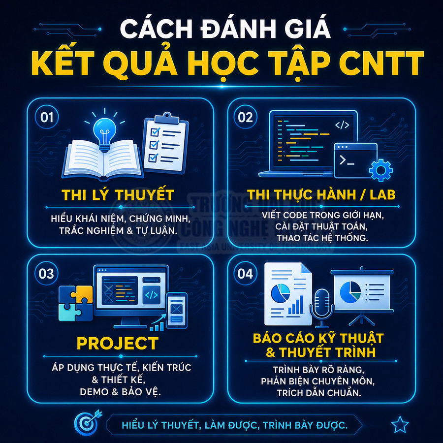 Infographic cách đánh giá kết quả học tập CNTT qua thi lý thuyết, thực hành lab, project và báo cáo thuyết trình