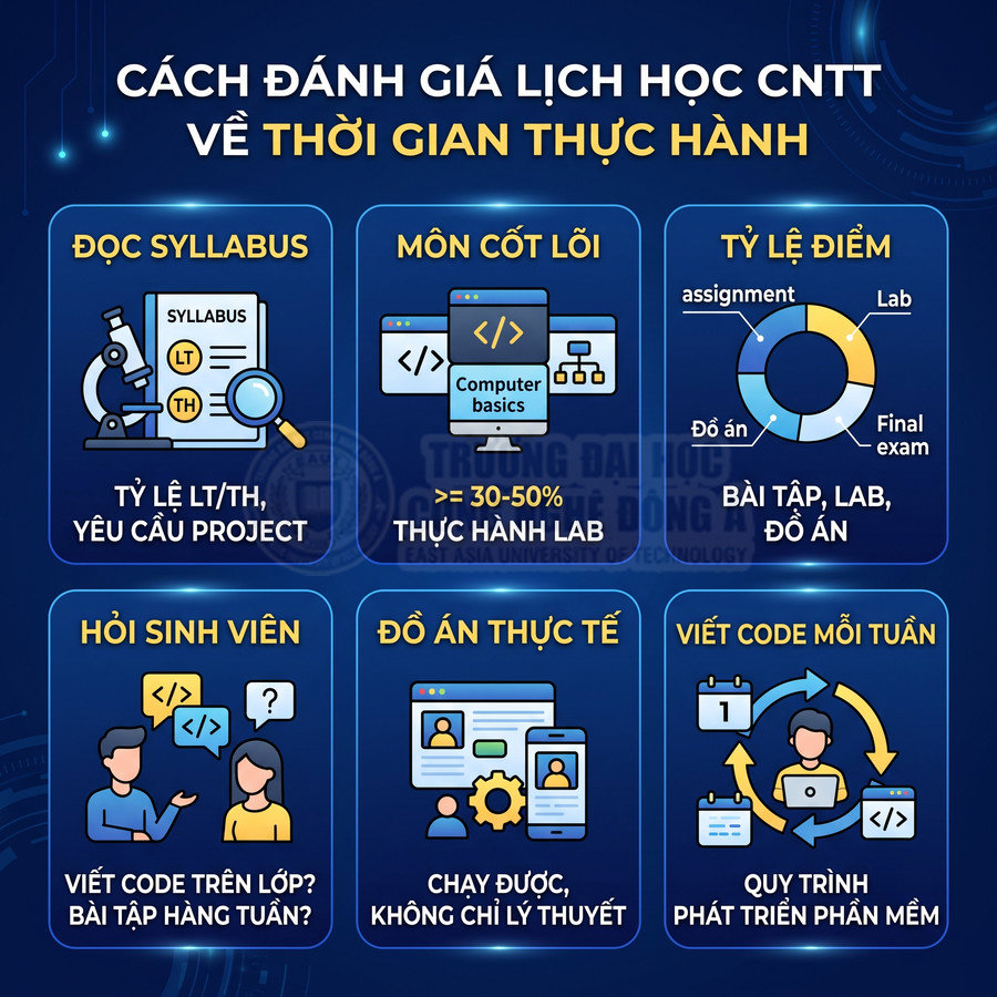 Infographic hướng dẫn đánh giá lịch học CNTT qua thời gian thực hành, bài lab, đồ án và viết code hàng tuần