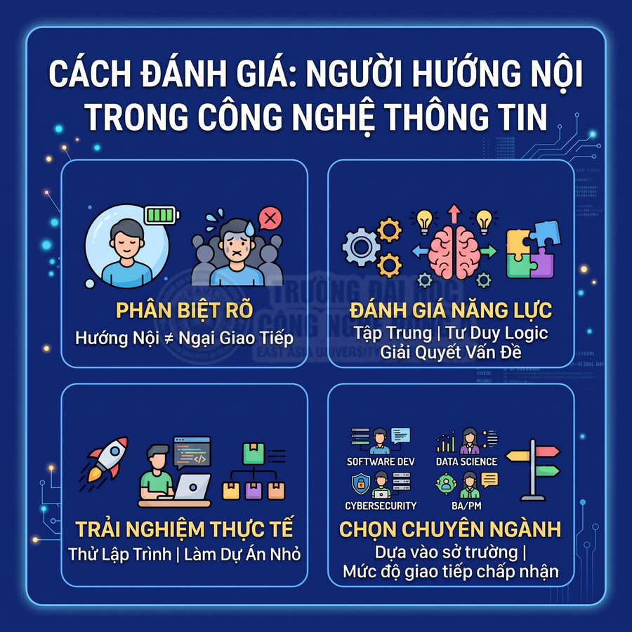 Infographic cách đánh giá người hướng nội trong ngành công nghệ thông tin với bốn tiêu chí minh họa trực quan