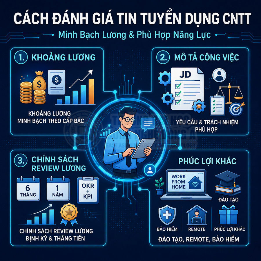 Infographic cách đánh giá tin tuyển dụng CNTT với tiêu chí lương, mô tả công việc, review lương và phúc lợi