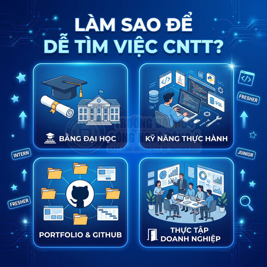 Hướng dẫn tìm việc CNTT với bốn yếu tố: bằng đại học, kỹ năng thực hành, portfolio GitHub và thực tập doanh nghiệp