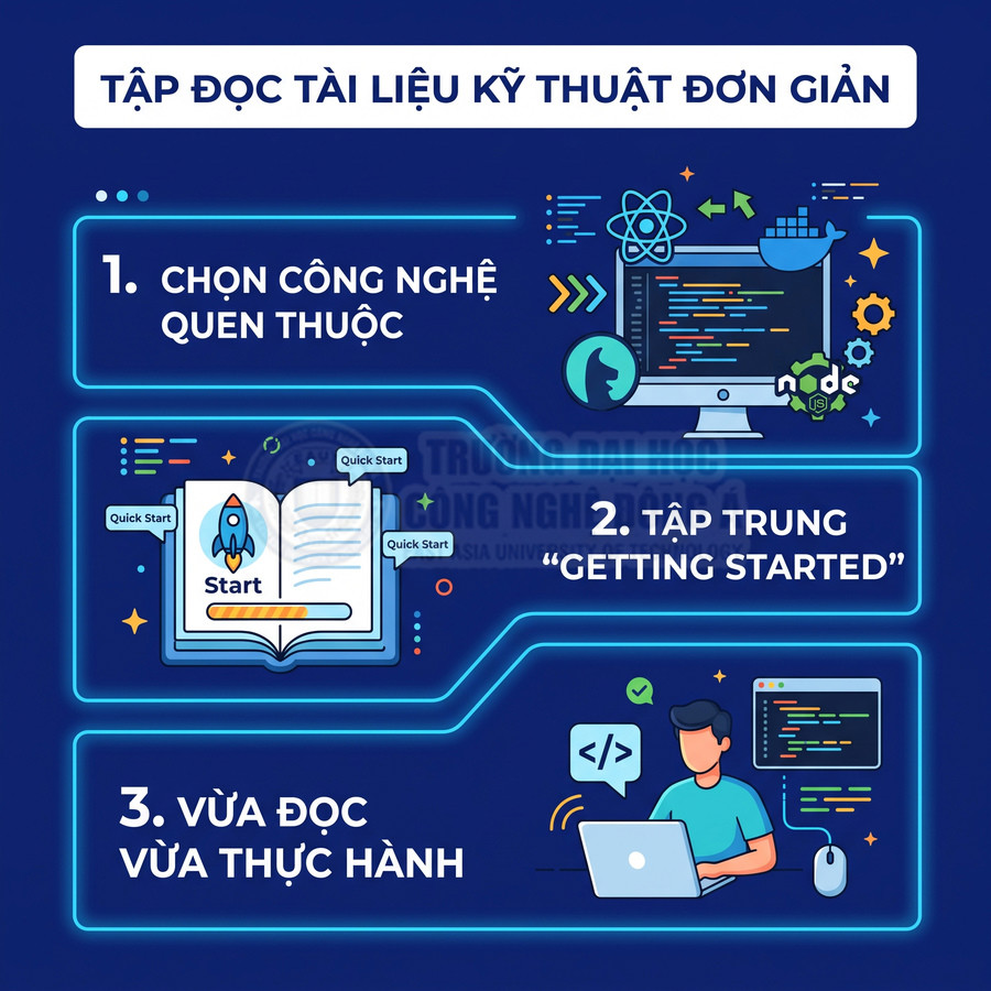 Hướng dẫn ba bước đọc tài liệu kỹ thuật đơn giản với minh họa lập trình và máy tính laptop
