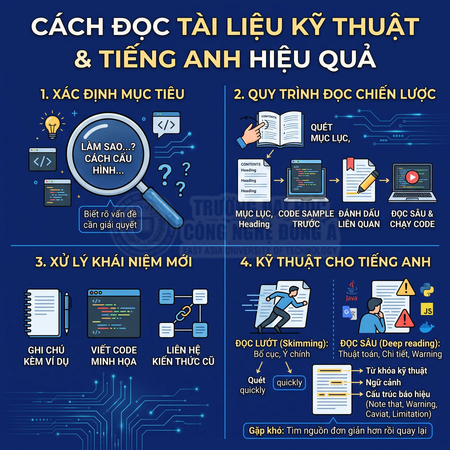 Hướng dẫn cách đọc tài liệu kỹ thuật và tiếng Anh hiệu quả cho lập trình viên với quy trình, kỹ thuật và ví dụ minh họa