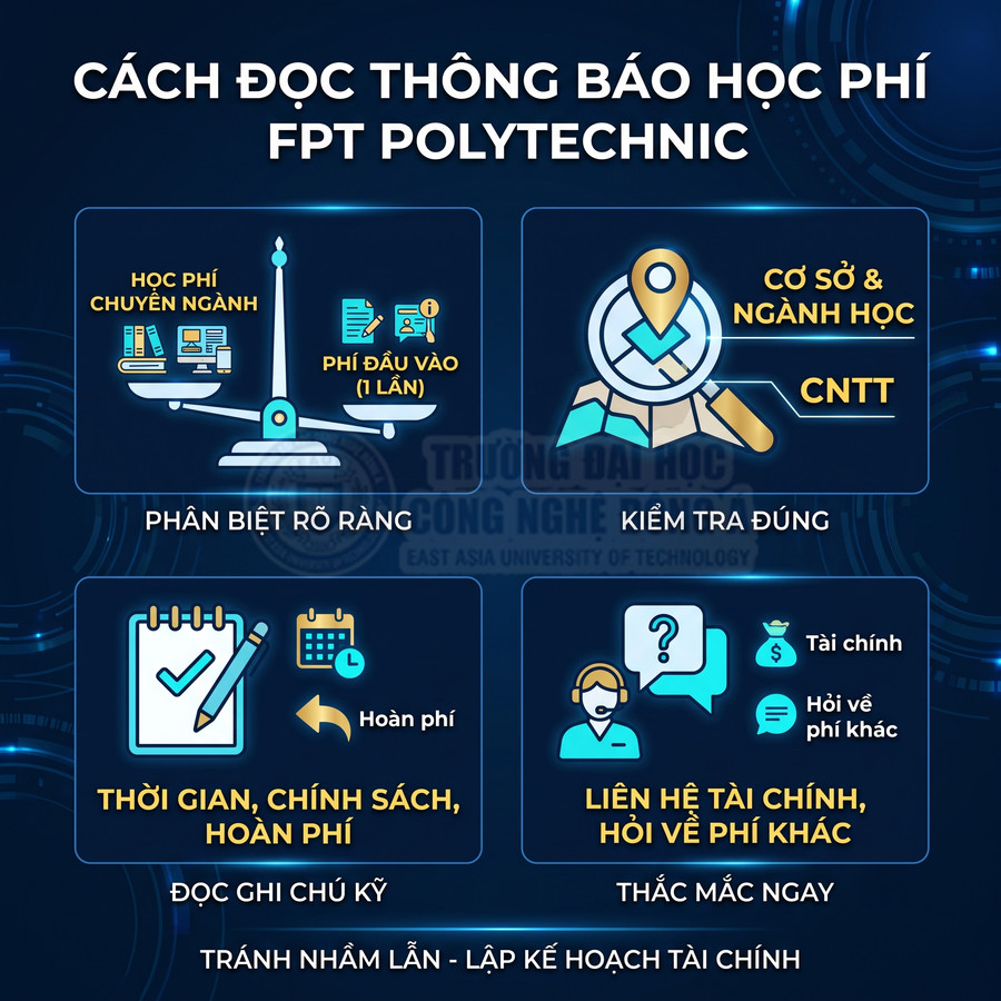 Hướng dẫn cách đọc thông báo học phí FPT Polytechnic với các mục phân biệt phí, cơ sở ngành, chính sách và liên hệ tài chính