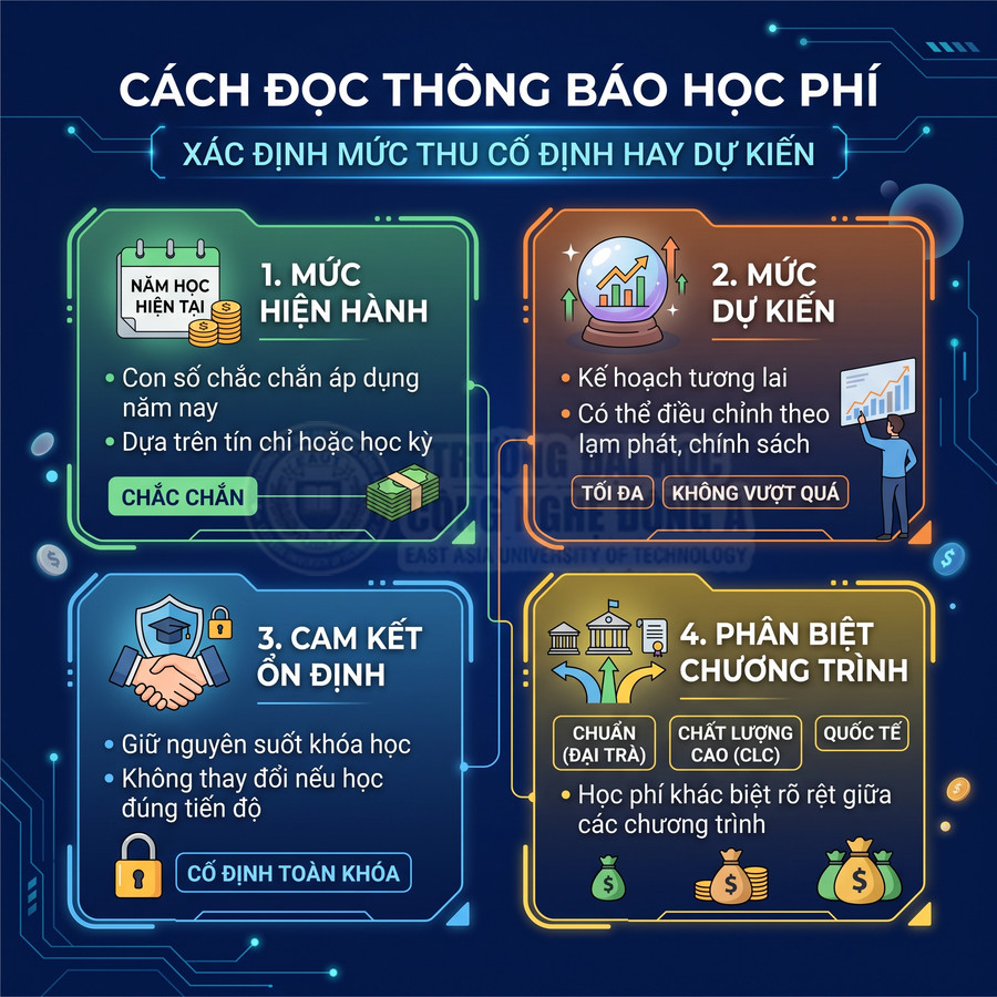 Hướng dẫn cách đọc thông báo học phí, phân biệt mức hiện hành, mức dự kiến và cam kết ổn định học phí