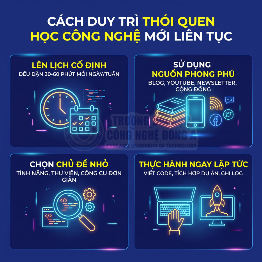 Hướng dẫn duy trì thói quen học công nghệ mới với lịch cố định, tài nguyên đa dạng và thực hành lập trình ngay