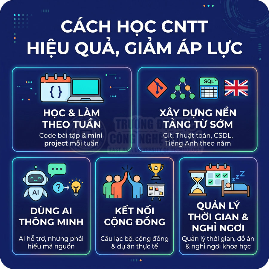 Infographic cách học CNTT hiệu quả với các tips: học theo tuần, xây nền tảng sớm, dùng AI, kết nối cộng đồng, quản lý thời gian