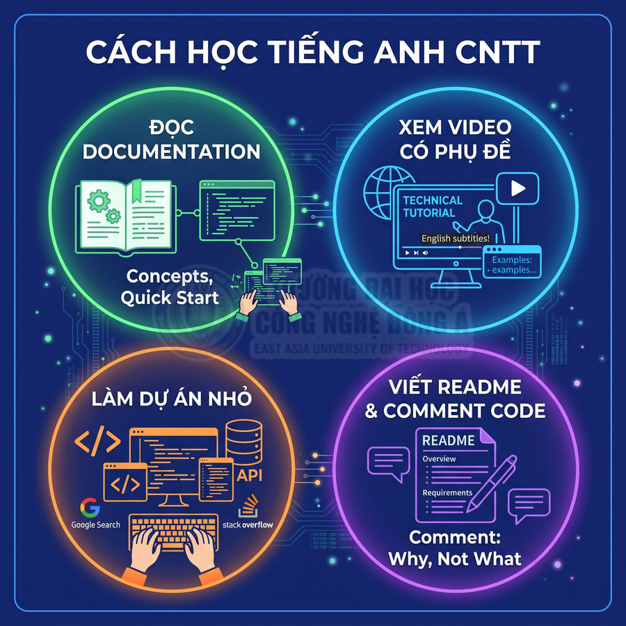 Infographic cách học tiếng Anh CNTT với đọc documentation, xem video phụ đề, làm dự án nhỏ, viết README và comment code