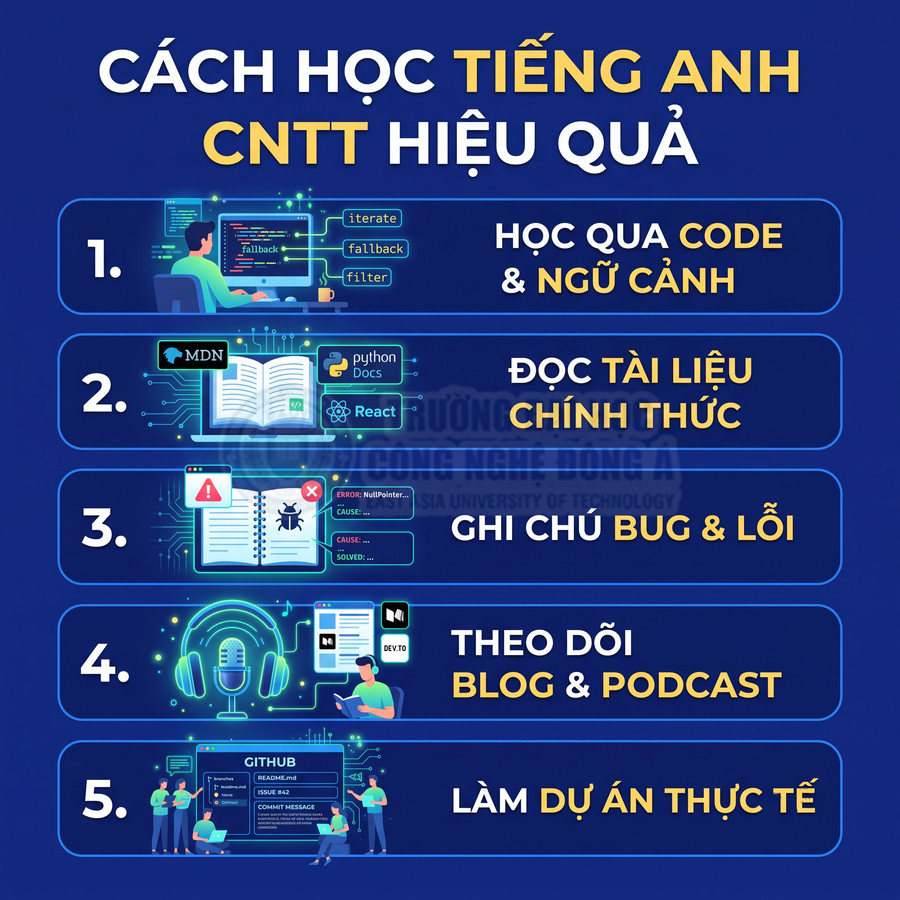 Cách học tiếng Anh CNTT hiệu quả với 5 bước: học qua code, đọc tài liệu, ghi chú bug, theo dõi blog, làm dự án