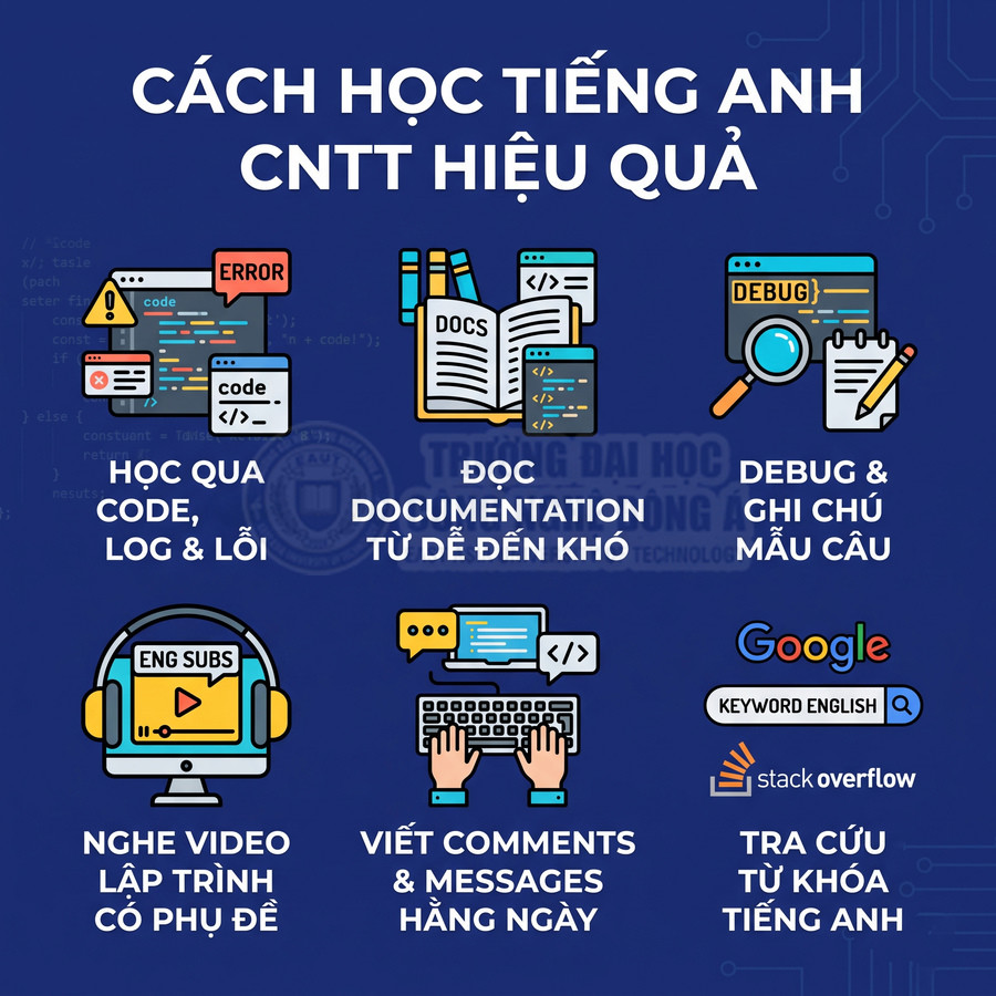 Poster hướng dẫn cách học tiếng Anh CNTT hiệu quả với code, documentation, debug, video phụ đề và tra cứu Google