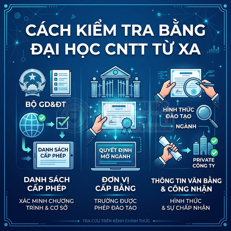 Hướng dẫn kiểm tra bằng đại học CNTT từ xa, xác minh danh sách cấp phép, đơn vị cấp bằng và thông tin công nhận